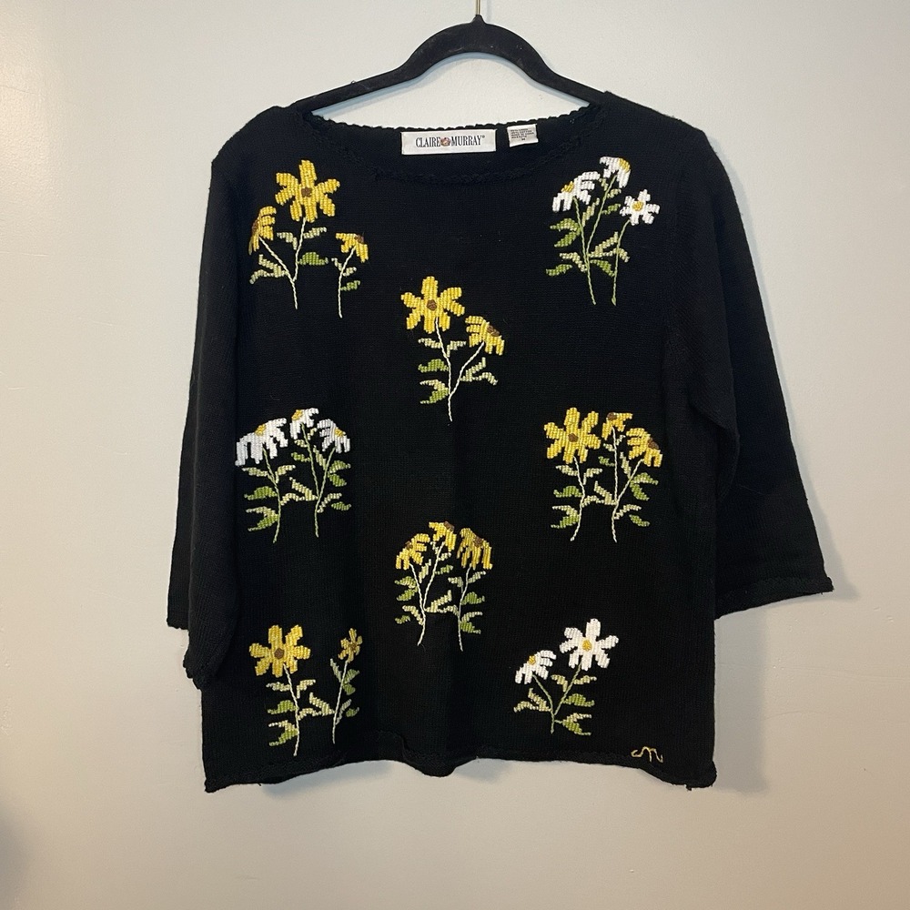 Vintage Claire Murray Flower Sweater Womens M Linen Floral Embroidered‎ Black